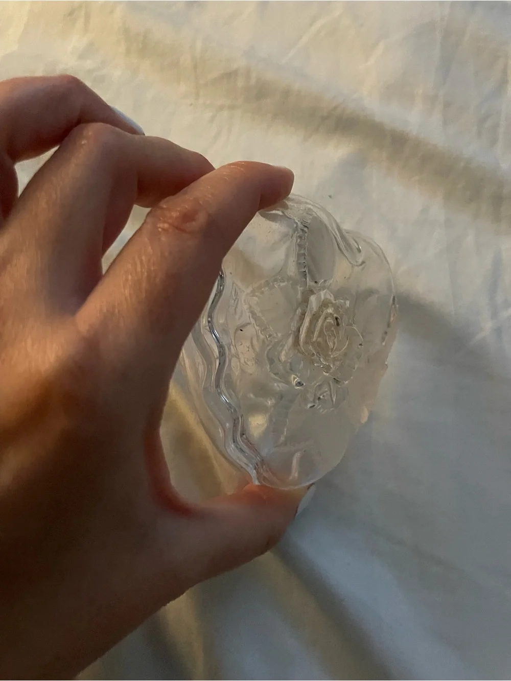 Vintage 90s Clear Glass Heart Trinket Dish with Rose Motif